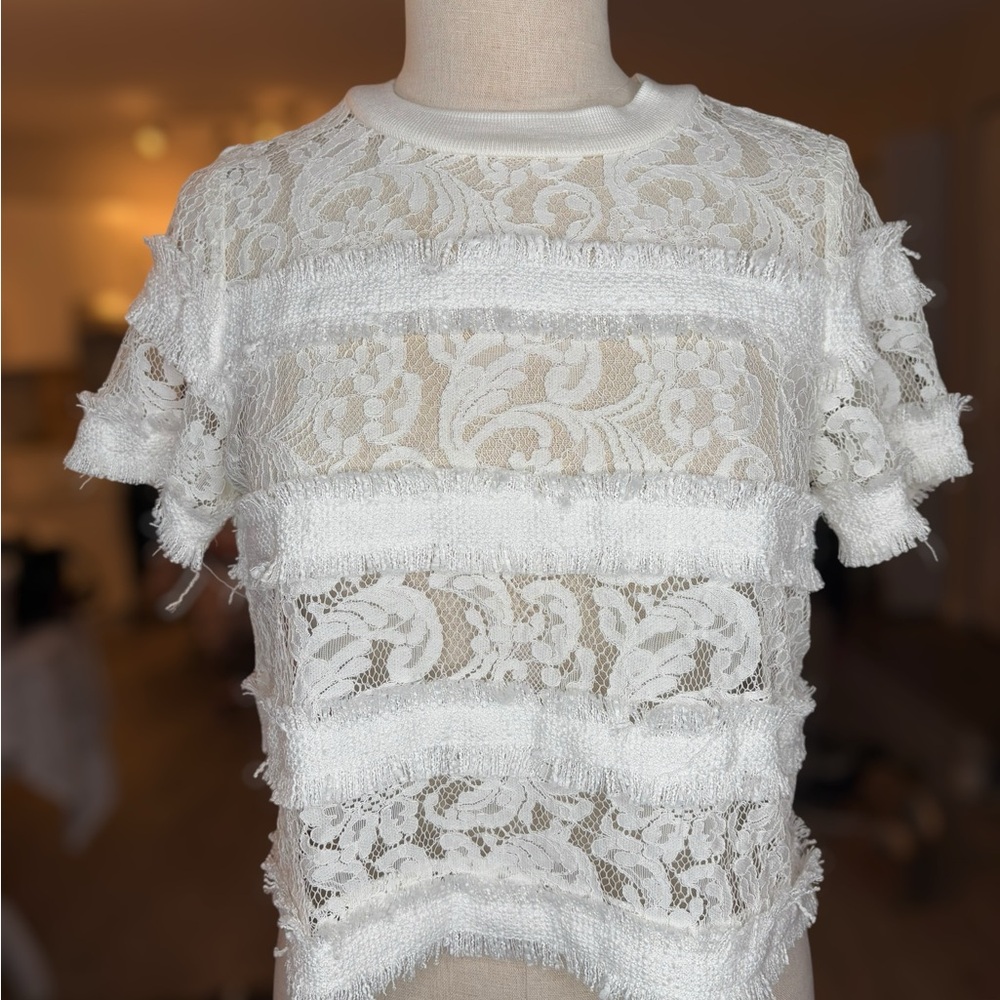 Vint Elegant Lace Fringe Striped Short Sleeve Top in White Small Pierre Balmain